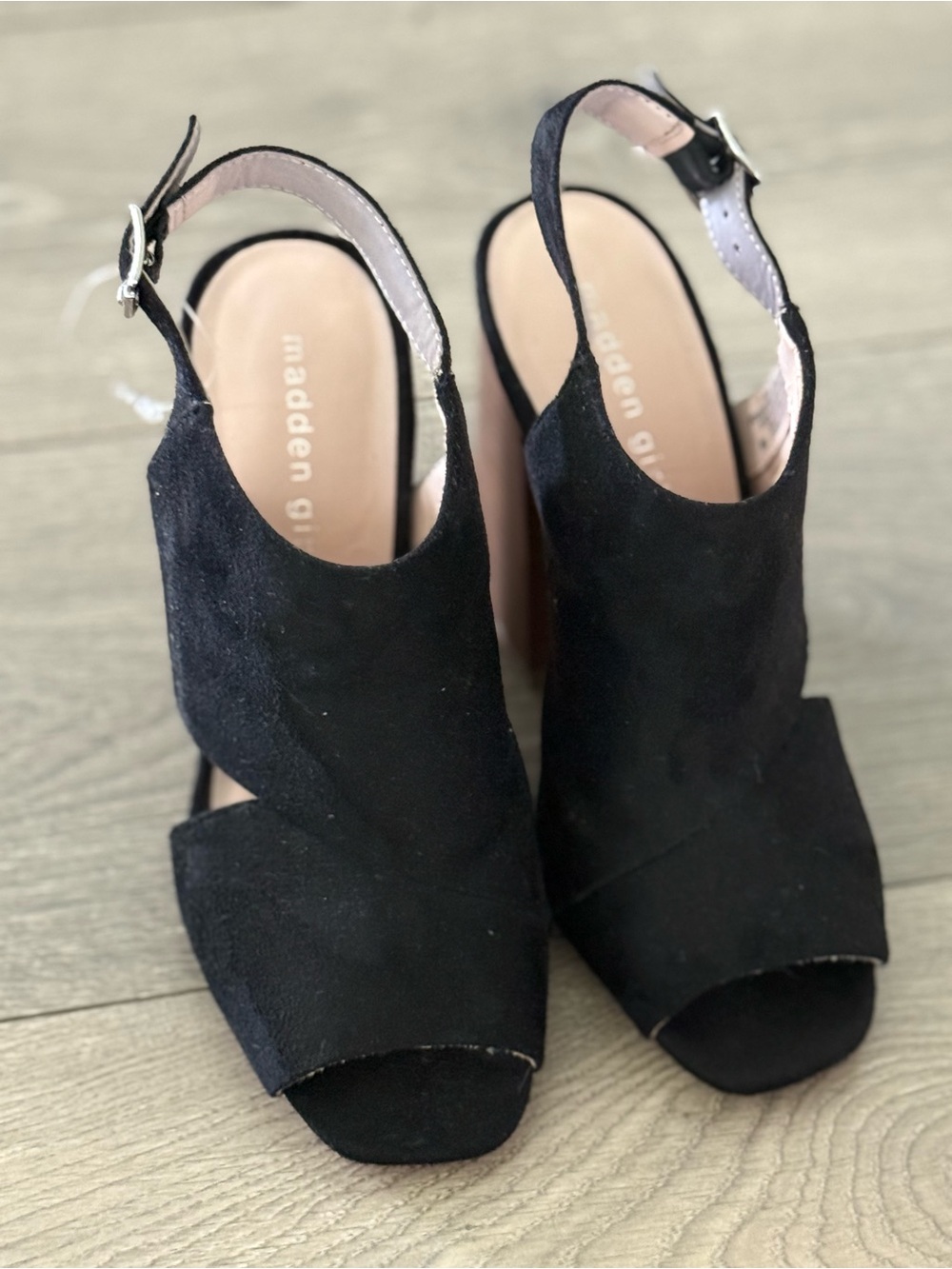 Madden Girl Black Suede Open-Toe Slingback Block Heels